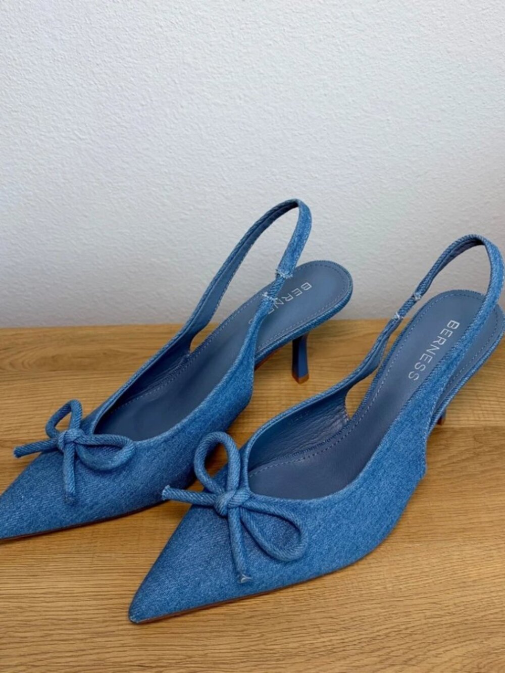 Bernes Denim-Textured Blue Slingback Heels with Bow